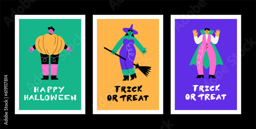 A set of postcards for Halloween. Funny people in suits. The inscription Trick or treat. Pumpkin, witch and Vampire