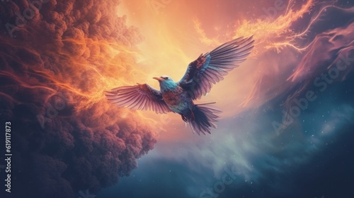 A bird flying in the sky with clouds in the background. Generative AI image. © Alexandr