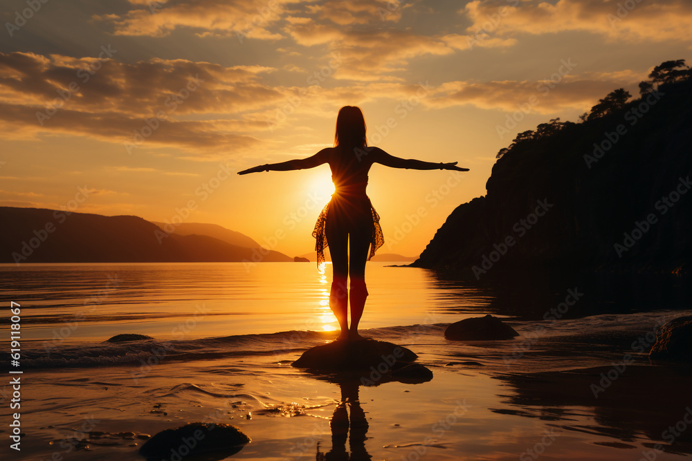 A cinematic and beautiful female active sportswear model, completing a yoga pose on a tranquil beach. AI generative