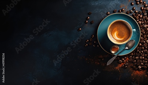 Coffee on a dark blue plate with spoon on a dark blue background with empty sapce for text. 