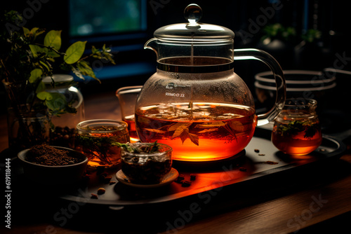 Tea in a glass teapot with cinnamon, anise and nuts on a black background.generative ai