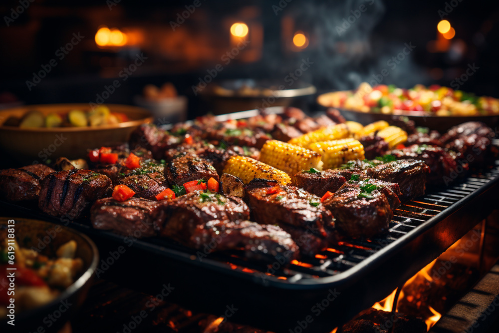 Barbecue with delicious grilled meat, vegetables and corn on the grill.generative ai