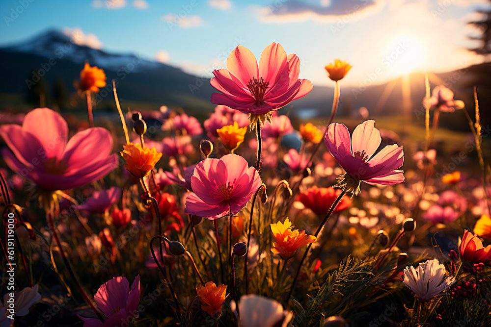 Cosmos flowers blooming in the mountains. Colorful cosmos flowers.generative ai Cosmos flowers blooming in the mountains. Colorful cosmos flowers.generative ai