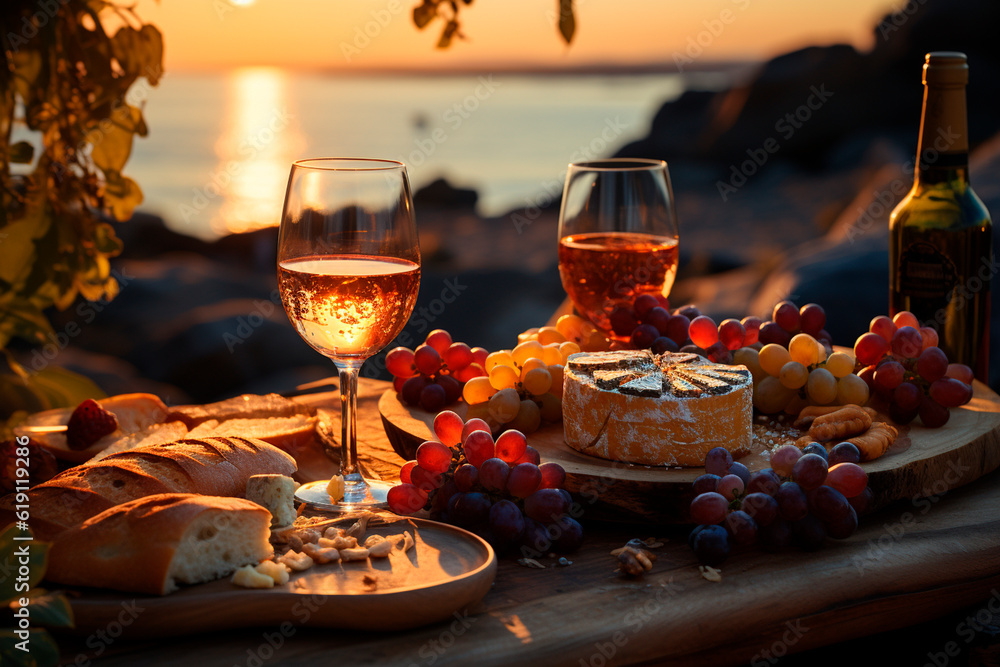 Wine, bread and grapes on the beach at sunset. Selective focus.generative ai Wine, bread and grapes on the beach at sunset. Selective focus.generative ai