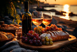 Wine, bread and grapes on the beach at sunset. Selective focus.generative ai