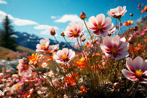 Beautiful alpine meadow with poppies and mountains in background.generative ai