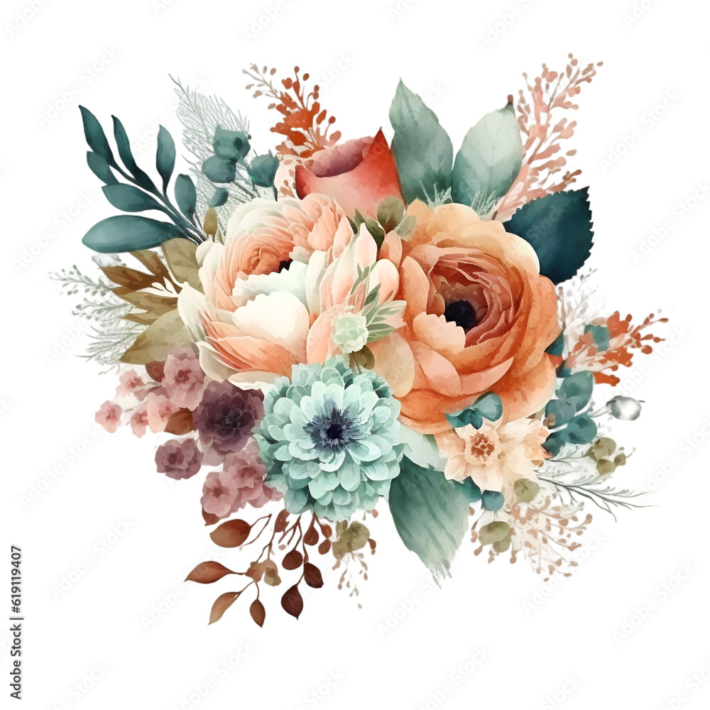Watercolor summer bouquet of flowers illustration Generative AI, png image.