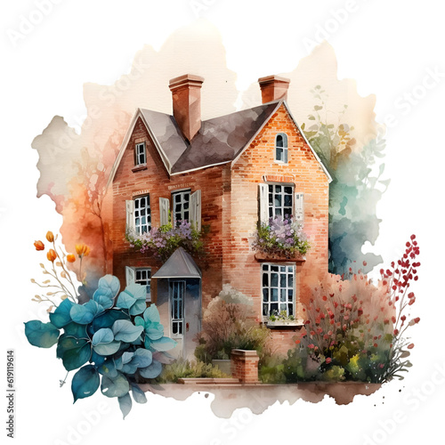 Watercolor brick cottage with flowers Generative AI, png image.
