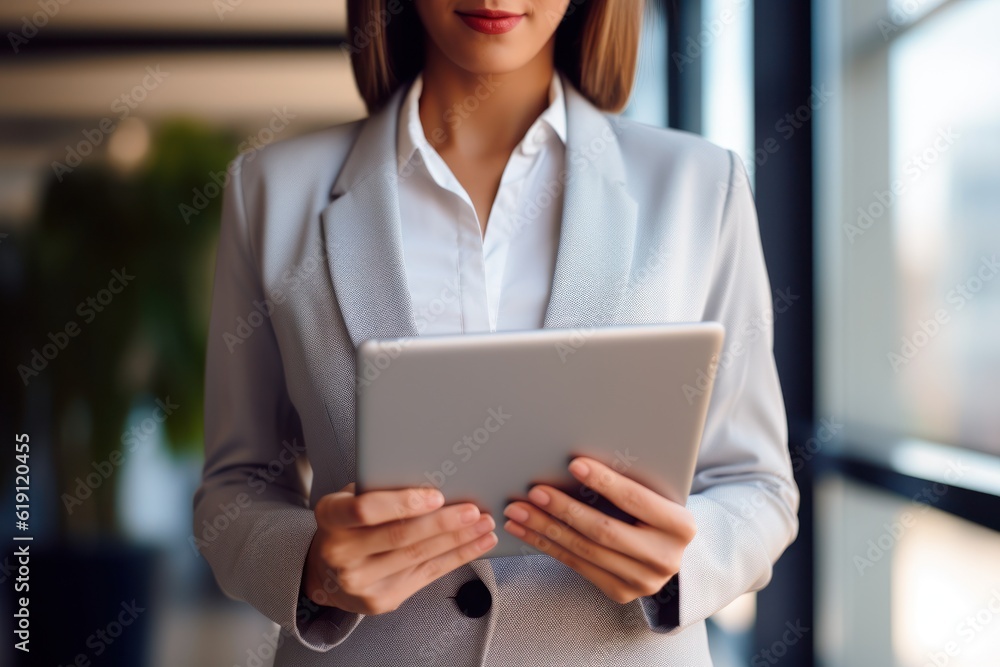 Close-up shot of a confident businesswoman delivering a compelling corporate presentation using a tablet. The focus is on her hands and the tablet screen. Generative Ai. Close-up shot of a confident businesswoman delivering a compelling corporate presentation using a tablet. The focus is on her hands and the tablet screen. Generative Ai.