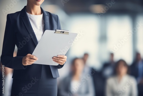 Close-up shot of a confident businesswoman delivering a compelling corporate presentation using a tablet. The focus is on her hands and the tablet screen. Generative Ai. © Kowit