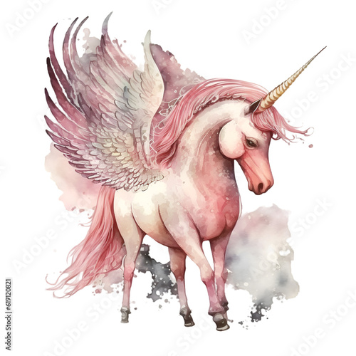 Watercolor pink unicorn with wings illustration Generative AI, png image.