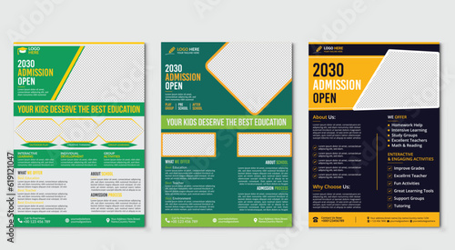 Back to school Set of brochure design templates on the subject of education, school, online learning.
Vector illustrations for flyer layout, Kids back to school education admission flyer poster layout