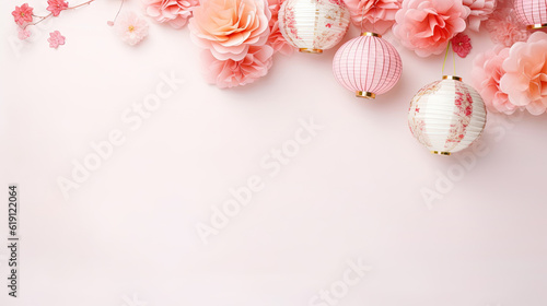 Traditional Chinese lanterns with paper flowers as background