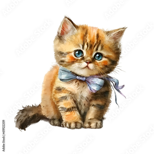 Watercolor cute kitten with a bow illustration. Generative AI, png image.