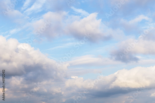 Beautiful soft gentle cloudy blue sky with white clouds, abstract background texture, heaven