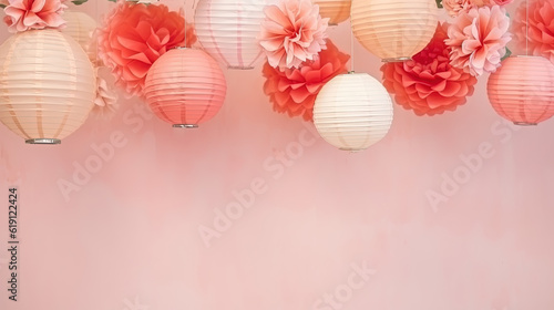 Traditional Chinese lanterns with paper flowers as background