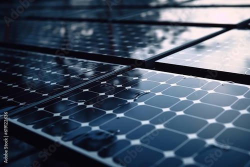 Close up of Solar panels under the sky outdoors. Created with Generative AI technology. 