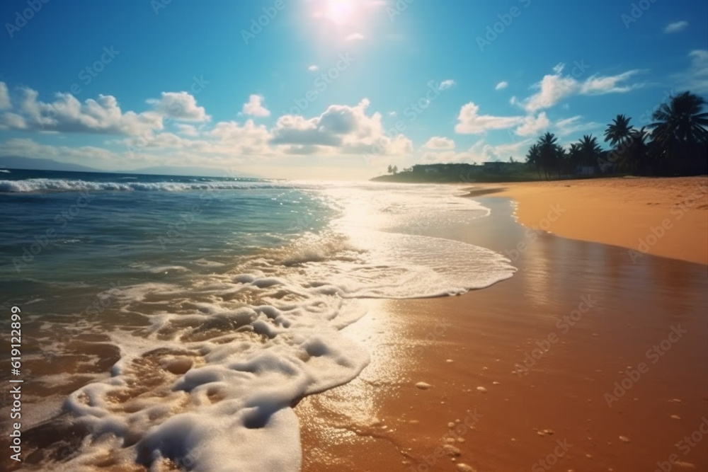 beach palm ocean island sunrise landscape sun sky sunset sea. Generative AI.