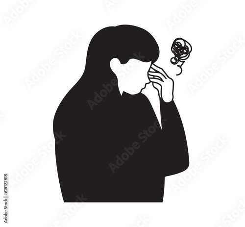 Stressed woman with headache. Pain concept character illustration.