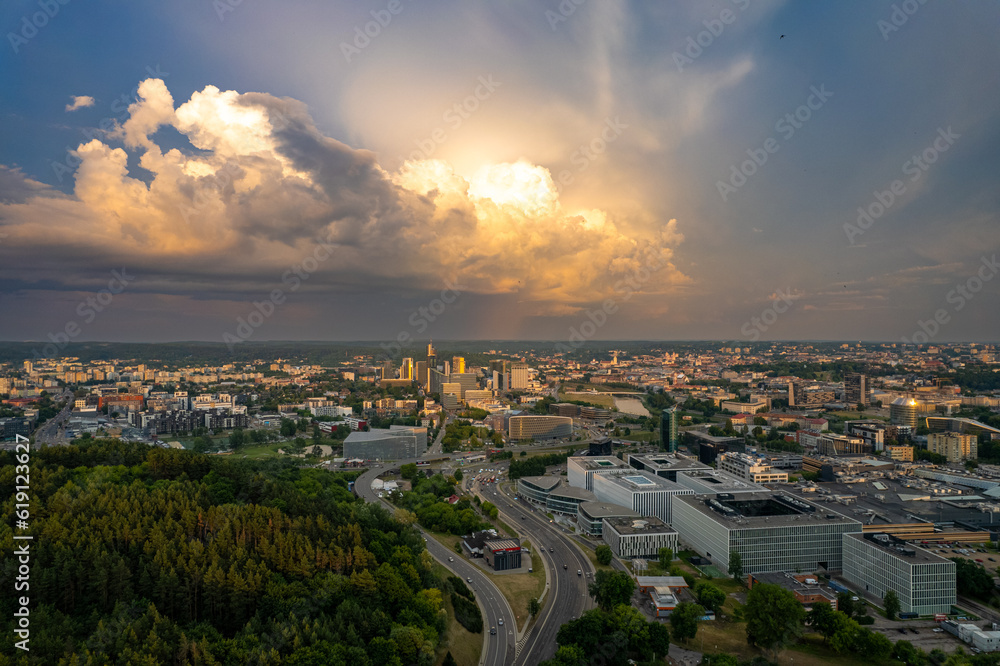 Obraz premium Aerial summer storm rain view of Vilnius, Lithuania