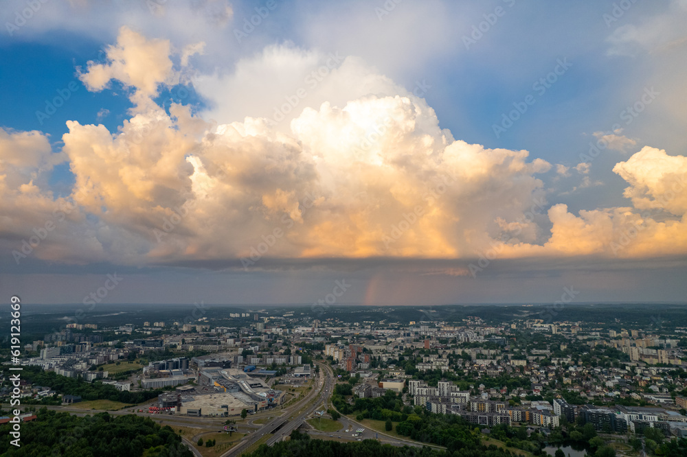 Aerial summer storm rain view of Vilnius, Lithuania