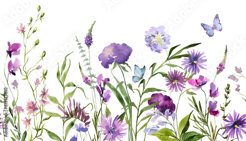 Watercolor purple pink wildflowers seamless border, Botanical liiustration