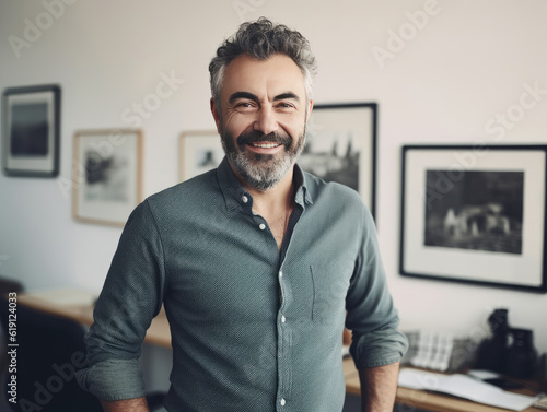 A fictional person, not based on a real person: Attractive middle-aged man in casual clothing smiling and looking at camera while posing in his office
