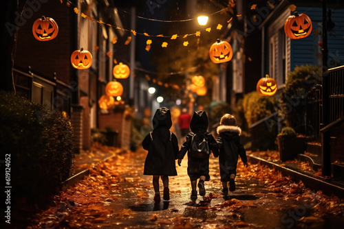 Kids in Halloween costumes playing on night city street, back view. The city streets at night are decorated with Halloween decorations and lanterns. Generative Ai.