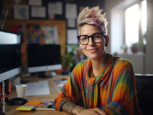 A fictional person, not based on a real person: Attractive, quirky Caucasian female designer wearing glasses, smiling and looking at camera while sitting at her desk