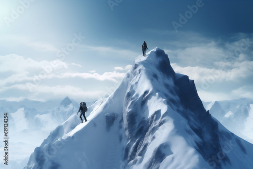 adventure blizzard landscape hiking nature sport winter snow group mountain. Generative AI.
