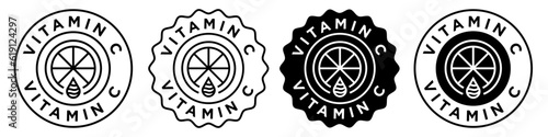 Vitamin c icon set collection. Vector badge symbol of citric acid rich pill supplements. Emblem seal of vitamin c serum for skin care. Lemon with water drop   stamp sticker