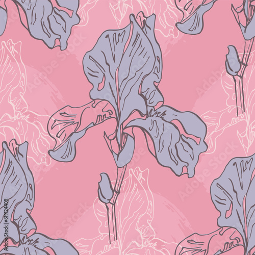 Irises seamless patterns Botanical for wrapping paper, textile and wallpaper. Engraved vintage style. Vector illustration.