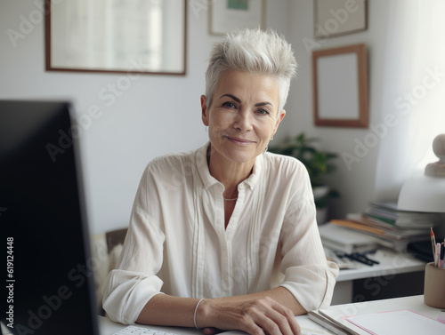 A fictional person, not based on a real person: Attractive older Caucasian female small business owner smiling at camera and posing at her desk in her office