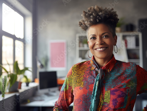 A fictional person, not based on a real person:  Attractive older African American female business owner wearing a colorful blouse, smiling at camera and standing posing in her office