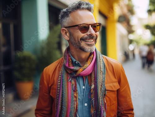 A fictional person, not based on a real person: Attractive older caucasian man in casual street clothes and colorful scarf and sungasses walking down colorful urban street