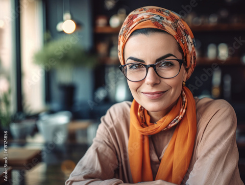 A fictional person, not based on a real person: Attractive middle-aged woman wearing glasses and a head scarf, smiling and looking at camera while posing at café
