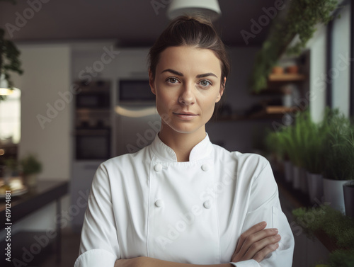 A fictional person, not based on a real person: Attractive young caucasian female chef in chef's coat looking at camera while posing in kitchen
