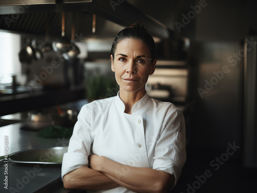 A fictional person, not based on a real person: Attractive serious looking female chef in chef's coat looking at camera while posing in her kitchen