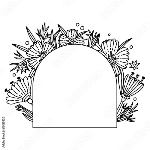 Outline Flower Poppy arch frame for text vector in doodle style. Floral Botanical bouquet frame with leaves. Greeting card, wedding banner, invitation design