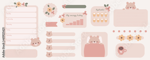 Kawaii digital stickers with cute bear. Digital note papers and stickers for bullet journaling or planning. Vector art.