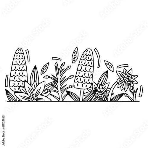 Outline Flower Delphinium Border for text in vector doodle style. Floral Botanical bouquet frame with leaves. Greeting card, wedding banner, invitation design