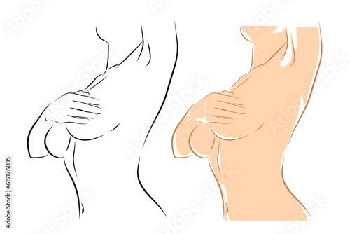 Female body, vector illustration. Young woman touching her breast with hand