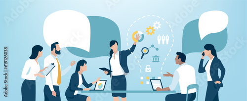 Innovation. Discussion about a new idea. The team is working on a new project. A light bulb as a symbol of a new idea. Vector illustration. 
