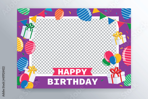 happy birthday photo frame with gift box and balloons vector illustration