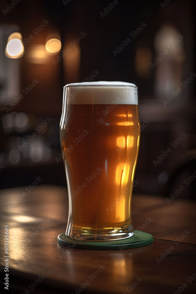 Verre de bière ambré, sur un comptoir en bois, illustration de boisson, ia générative Verre de bière ambré, sur un comptoir en bois, illustration de boisson, ia générative