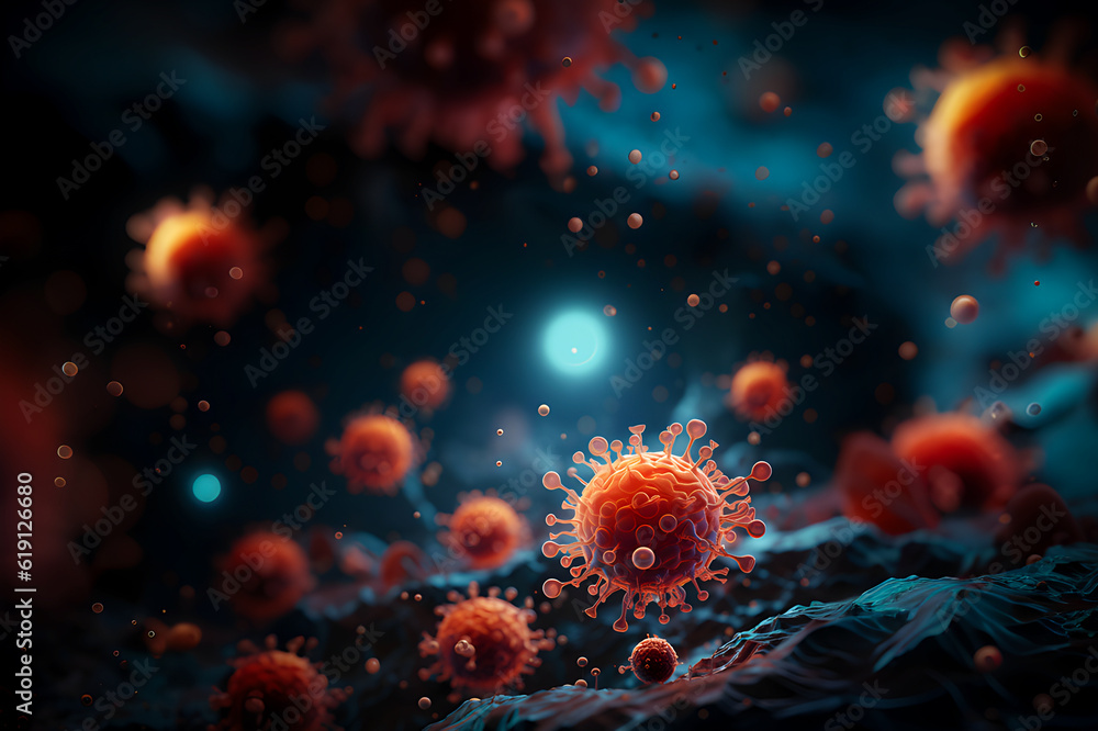 Fototapeta premium Macroscopic of virus effect to human body. Generative AI.