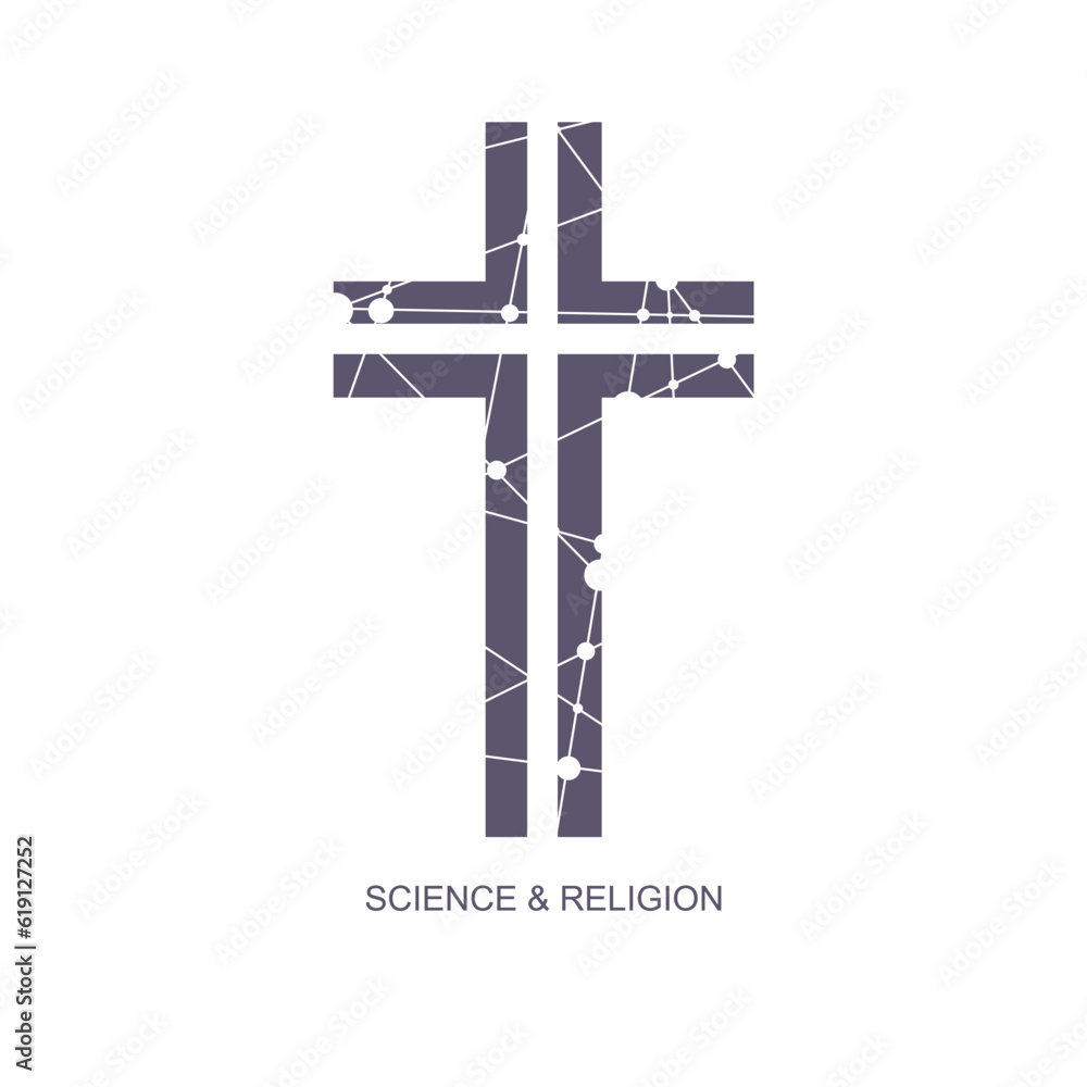 Christianity concept illustration. Cross textured by connected lines with dots. Religion and science text Christianity concept illustration. Cross textured by connected lines with dots. Religion and science text