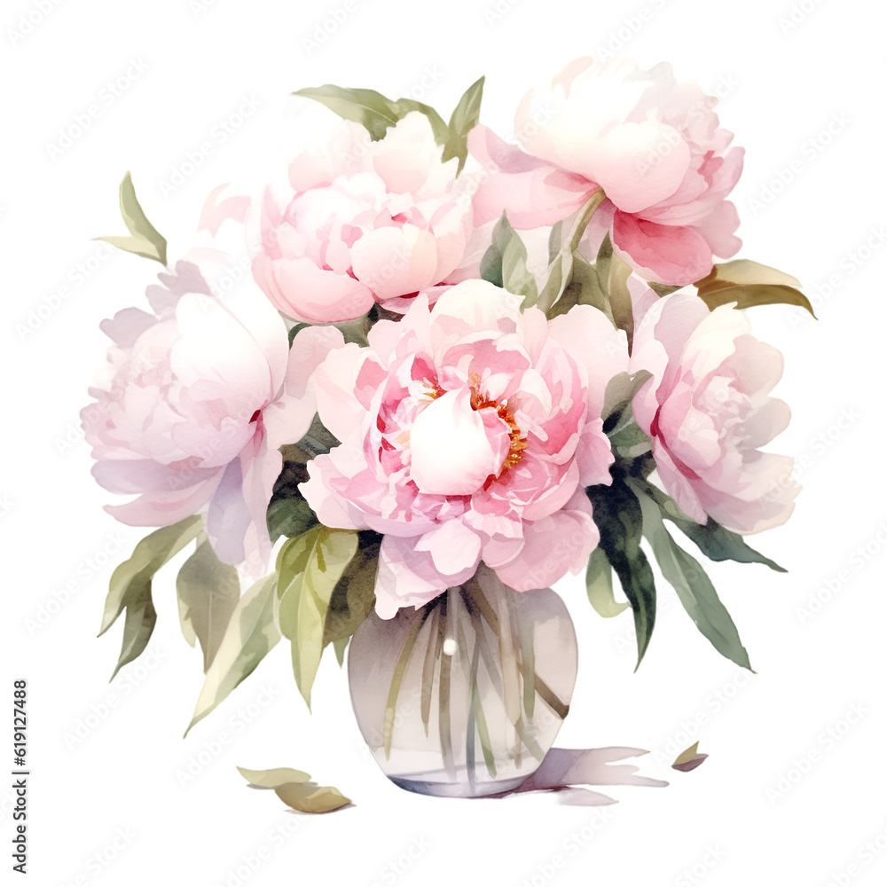 Watercolor
 bouquet of pink peonies illustration. Generative AI, png image.