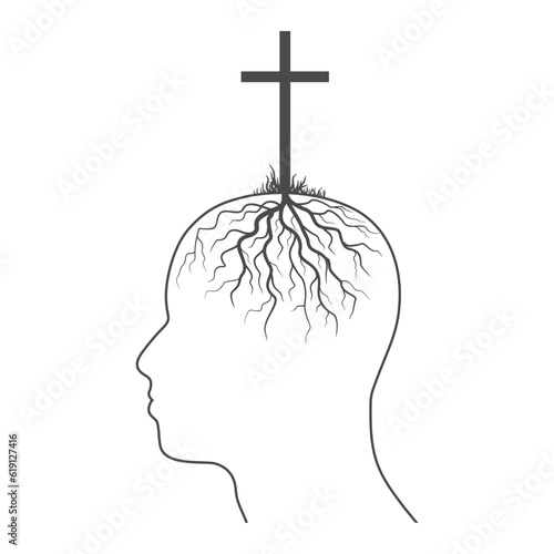 Christian cross rooted in male head. Christianity concept illustration.