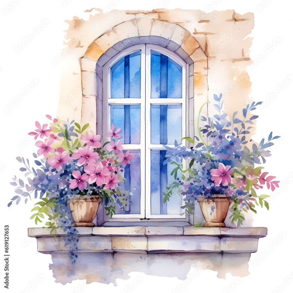 Watercolor
 blue window provence with flowers illustration. Generative AI, png image.
